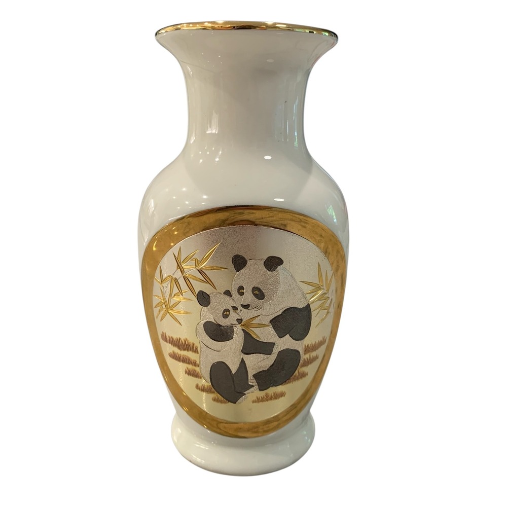 Vintage Chokin Panda Vase 24K Gold Edged Japan Porcelain 6.25" Asian Decor